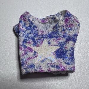 Vtg Barbie Purple and Blue Galaxy-Print Doll Shirt White Glitter Star